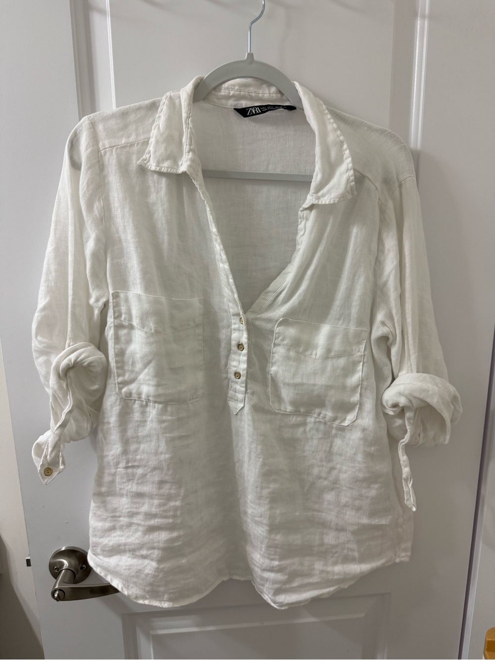 Zara Cream Linen Button-Front Pocket Shirt